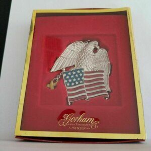 Gorham Silverplate  American Eagle Ornament Stars & Stripes Flag, Yellow Ribbon